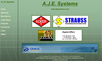 Logos of AJE Systems partners tile in the centre of the page over a green globe-like background with a menu on the left.
