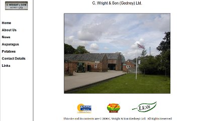 Simple white website with clear navigation bar down the left-hand side, and a large picture of the farm's entrance in the centre.
