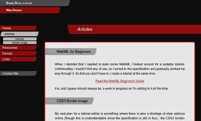 A black background site. Titles and menu elements are red and extend in from the sides with slanted edges. The content is in central light-grey boxes with red borders.