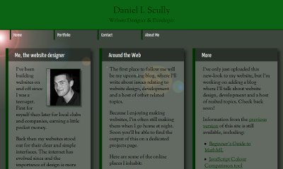 A central green header has menu items emerging below it. Three semi-transparent content boxes reveal an image of a star-like lens flare below.