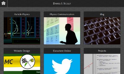 A dark grey background with subtle tessellated triangles. The content is linked to by several boxes with pictures in.