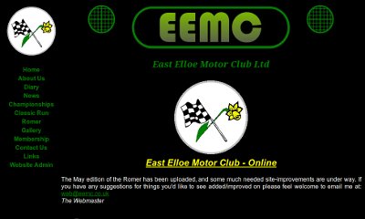 Black background site with white text and green links. The EEMC name is top centre contained within a car grill design.