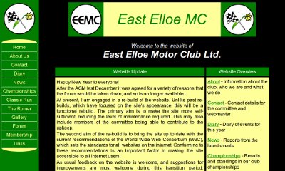 Website with green menu bar down the left side with gold text. The content is in soft yellow boxes with green and gold title bars.