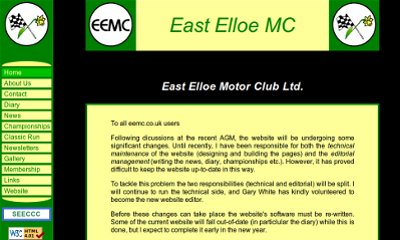 A single central content box with a soft yellow background, green menu on the left side and the club's logos and title at the top.