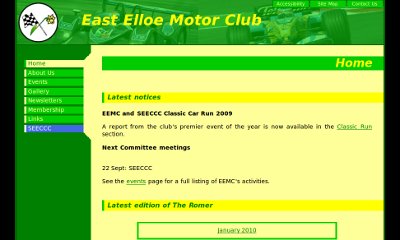 The club's name is imposed over a green-tinted picture of racing cars. The green menu bars extends from this down the side, and the content is over a soft yellow background.