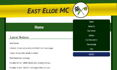The website features a British racing green theme. The club's name and logo are in a yellow, slightly tilted bar across the top. The page's title is in a green bar, and the menu is dark green and floated to the right.