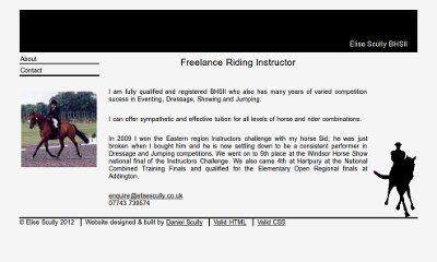 A large black header box contains only the site's title in its bottom-right corner. The content has images of horses and riders on either side.