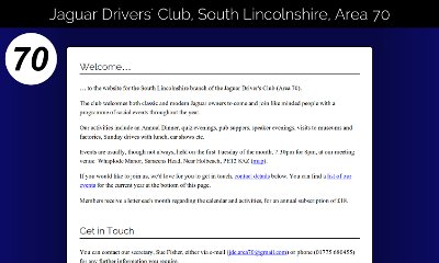 A simple website with a royal blue background, content in a central white area, and a white disc with the number 70 to the side.