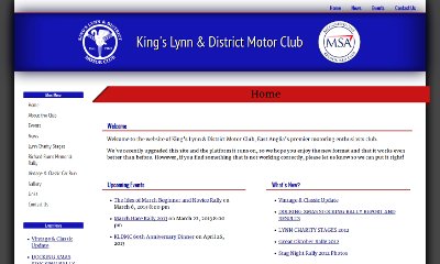The club's title and logo span the top of the page in a bold blue bar. Underneath the menu links are placed vertically on the left side, and the content is broken into regions, each topped by a blue title with a red line underneath.