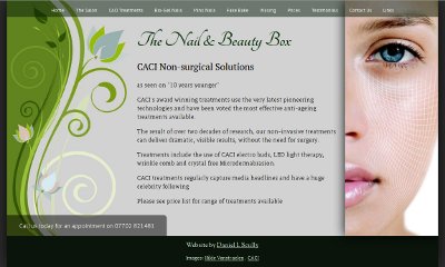 The website is light grey with a floral pattern on the left and a picture of a beautiful woman on the right of the central, cursive content. A semi-transparent horizontal menu bar runs along the top.