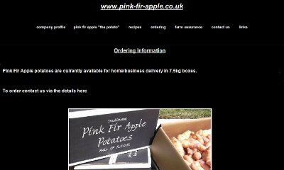 Website with a black background and white text. A horizontal menu under the page's title and a large picture of Pink Fir Apple potatoes in the centre.