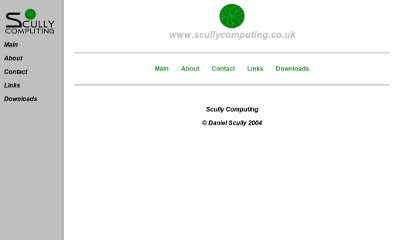 White website with grey navigation bar down the left-hand side. The green Scully COmputing disc logo in the centre accompanied by green links to the site's contents.