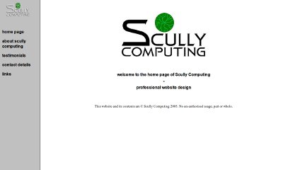 White website with a grey menu down the left-hand side with a large Scully Computing logo in the centre of the home page.