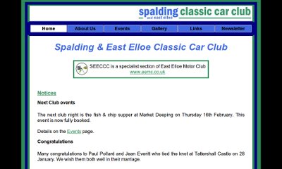 The club's logo is at the top, under which is a horizontal blue menu bar, under which the content is a central white region surrounded by blue and green borders.